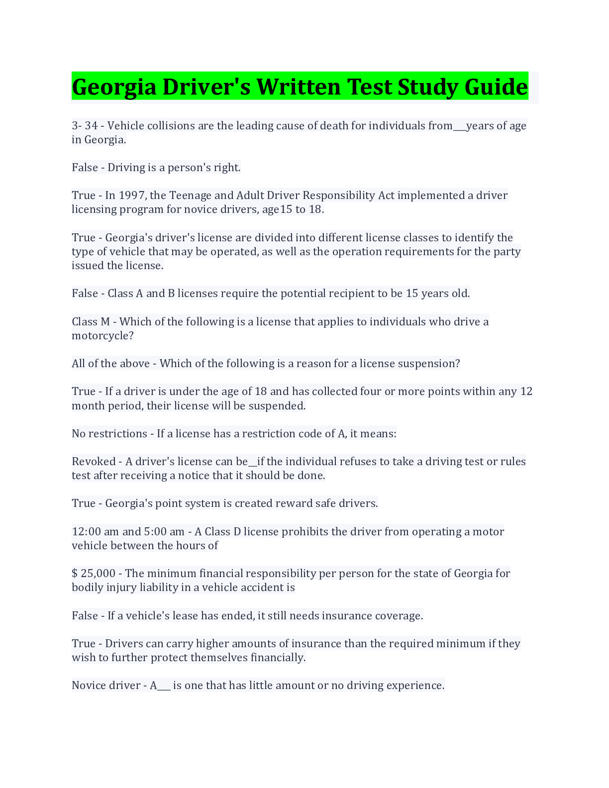 Preview image for Georgia Driver's Written Test Study Guide Questions And Answers